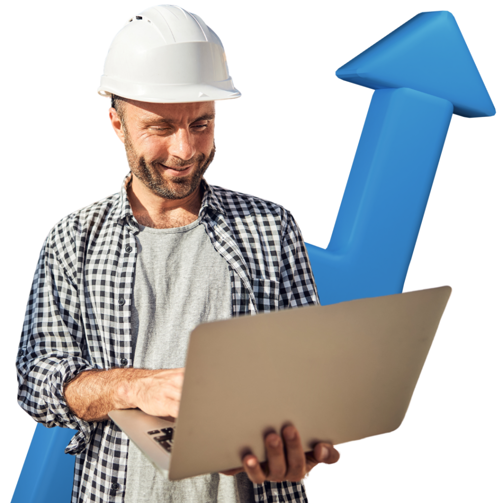 Home builder on a laptop smiling while reading SEO insights