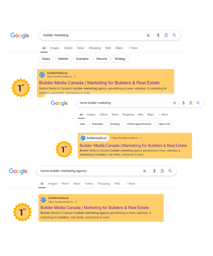 Builder Media Canada SEO for Home Builder Result Screenshots from Google Search